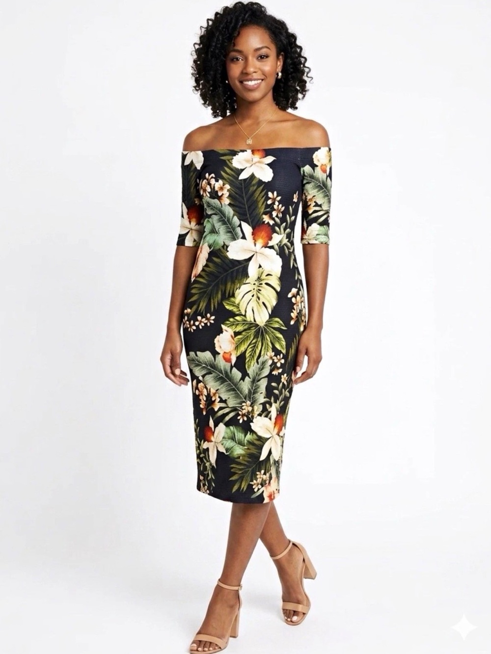 FARM Rio Black Off-Shoulder Tropical Floral Midi Dress
